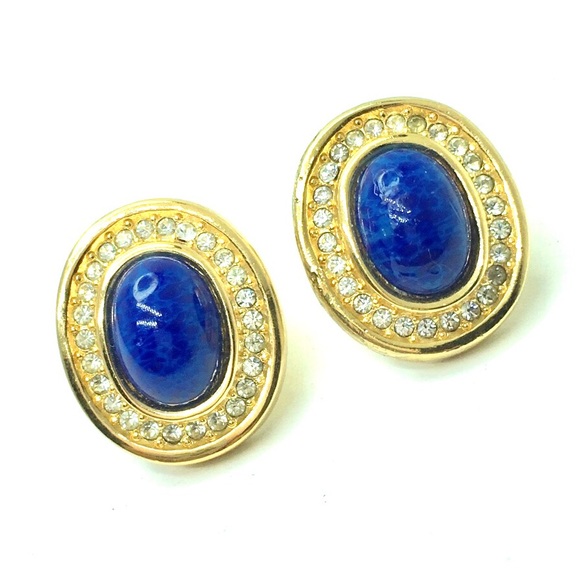 Vintage Christian Dior Signed Blue Cabochon Glasses  Vintage Christian Dior crystal blue marble glass clip on earrings.